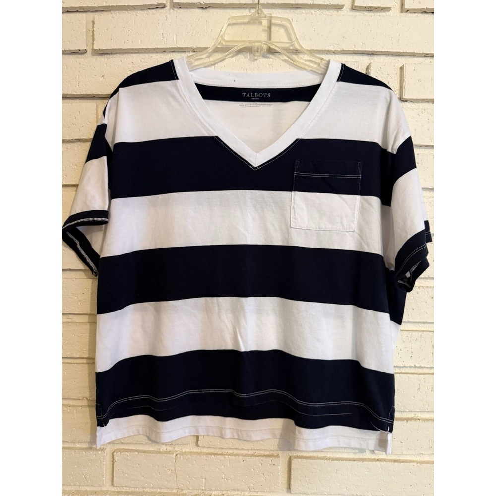Talbots Black & White Striped Oversized Cropped T-shirt Size Medium Petite
